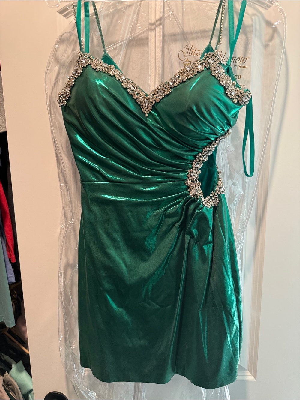Embellished Emerald Green Satin Mini Dress